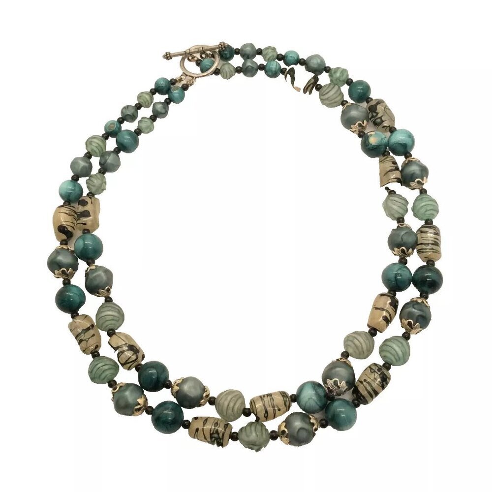 Double Strand Glass Beaded Necklace Blue Green - Picture 2 of 4